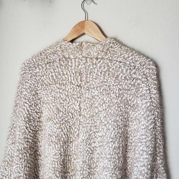 Beige-Taupe Fuzzy Knit Open Front Draped Cocoon Cardigan - Picture 12 of 15